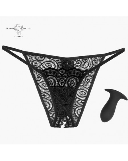 Tanga Negra Plug Anal Vibración Talla XL-XXL Hookup Remote Lace Peek a Boo