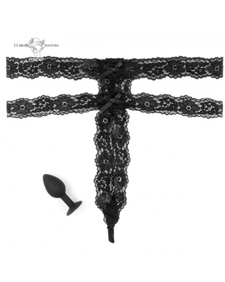Tanga Negra con Plug Anal Diamante S-L Crotchless Secret Gem Pipedream