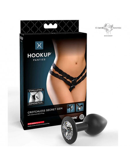 Tanga Negra con Plug Anal Diamante S-L Crotchless Secret Gem Pipedream