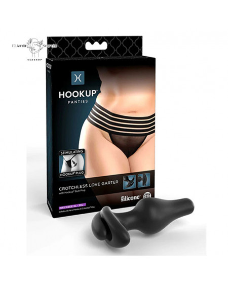 Panty Negra con Plug Anal Hookup XL-XXL Crotchless Love Garter