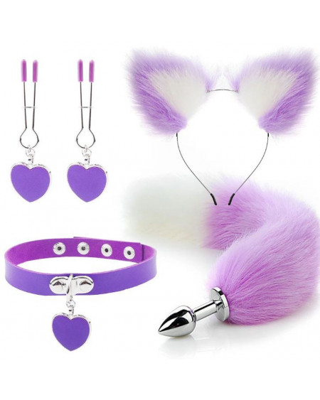 Kit Plug Anal Zorro M/B Diadema Gargantilla y Pinzas para pezones BDSM