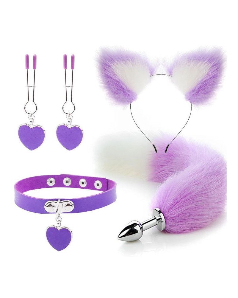 Kit Plug Anal Zorro M/B Diadema Gargantilla y Pinzas para pezones BDSM