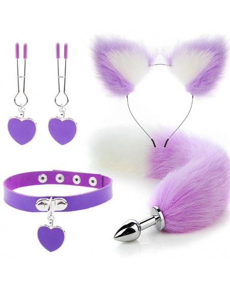 Kit Plug Anal Zorro M/B Diadema Gargantilla y Pinzas para pezones BDSM