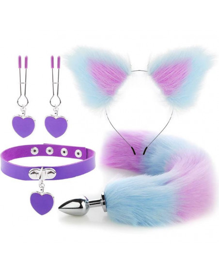 Kit Plug Anal Zorro A/R Diadema Gargantilla y Pinzas para pezones BDSM