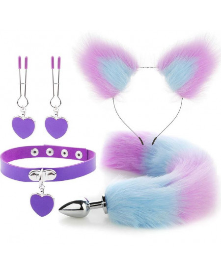 Kit Plug Anal Zorro R/A Diadema Gargantilla y Pinzas para pezones BDSM