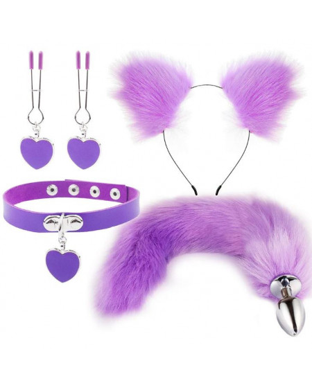 Kit Plug Anal Zorro Morado Diadema Gargantilla y Pinzas para pezones BDSM