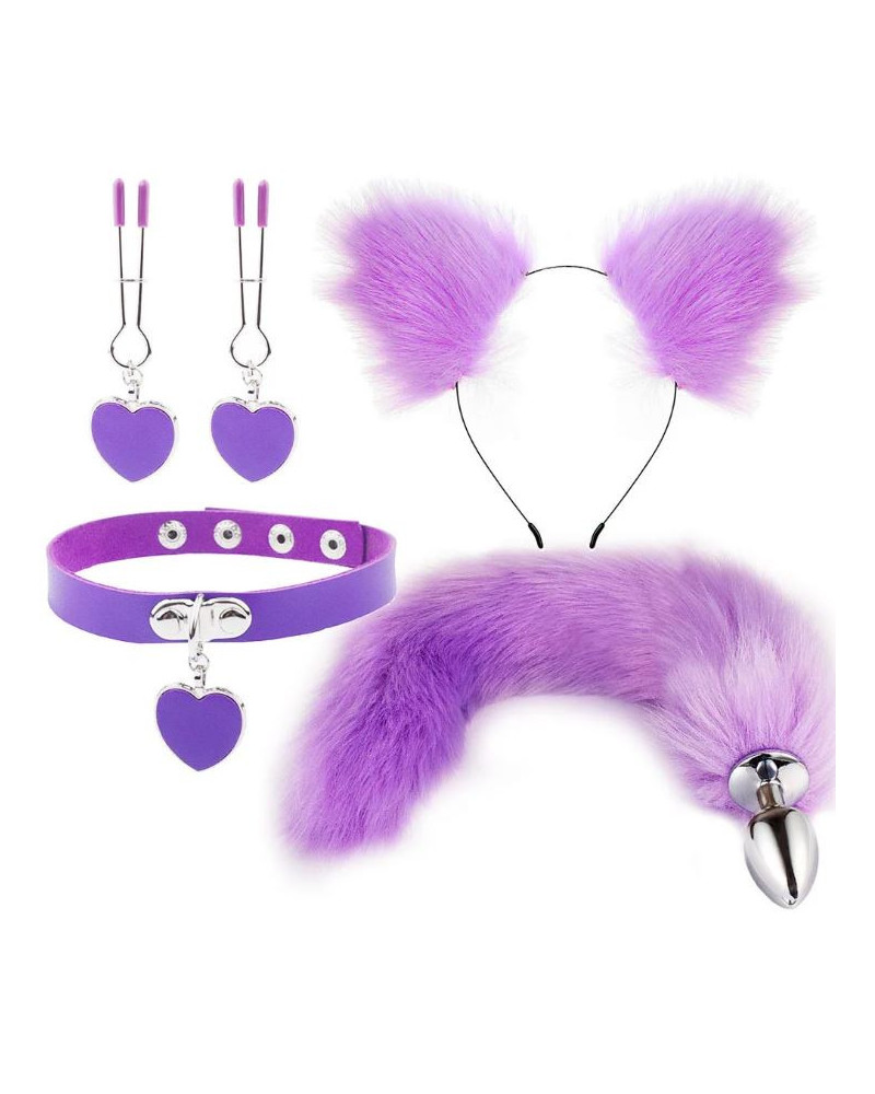 Kit Plug Anal Zorro Morado Diadema Gargantilla y Pinzas para pezones BDSM