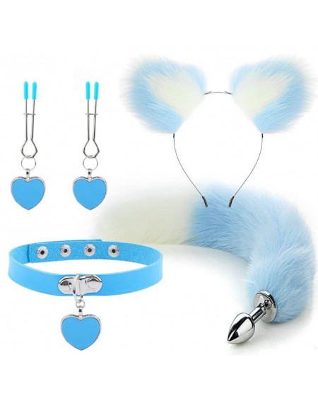 Kit Plug Anal Zorro A/B Diadema Gargantilla y Pinzas para pezones BDSM