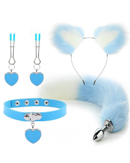 Kit Plug Anal Zorro A/B Diadema Gargantilla y Pinzas para pezones BDSM