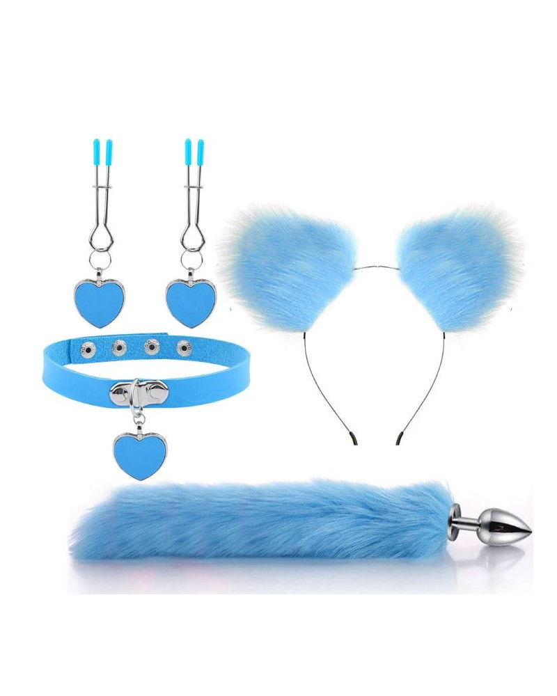 Kit Plug Anal Zorro Azul Diadema Gargantilla y Pinzas para pezones BDSM