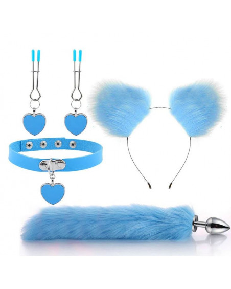 Kit Plug Anal Zorro Azul Diadema Gargantilla y Pinzas para pezones BDSM