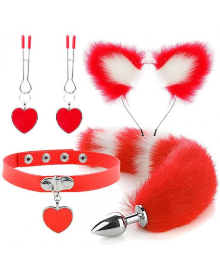 Kit Plug Anal Zorro R/B Diadema Gargantilla y Pinzas para pezones BDSM