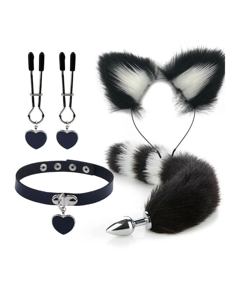 Kit Plug Anal Zorro N/B Diadema Gargantilla y Pinzas para pezones BDSM