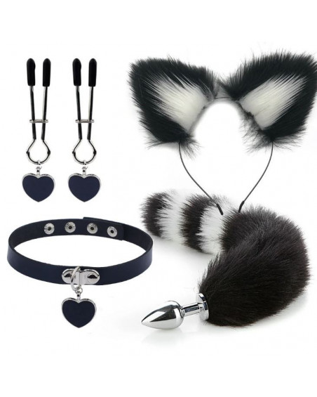 Kit Plug Anal Zorro N/B Diadema Gargantilla y Pinzas para pezones BDSM