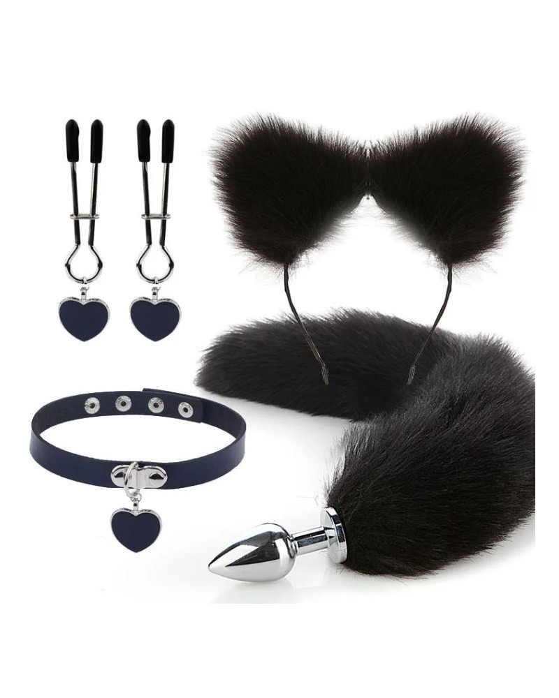Kit Plug Anal Zorro Negro Diadema Gargantilla y Pinzas para pezones BDSM