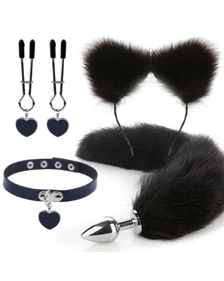 Kit Plug Anal Zorro Negro Diadema Gargantilla y Pinzas para pezones BDSM