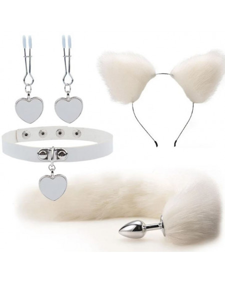 Kit Plug Anal Zorro Blanco Diadema Gargantilla y Pinzas para pezones BDSM