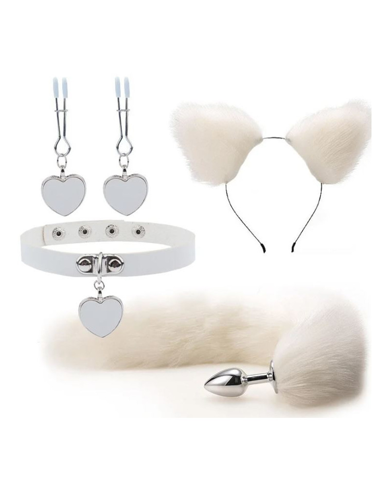 Kit Plug Anal Zorro Blanco Diadema Gargantilla y Pinzas para pezones BDSM
