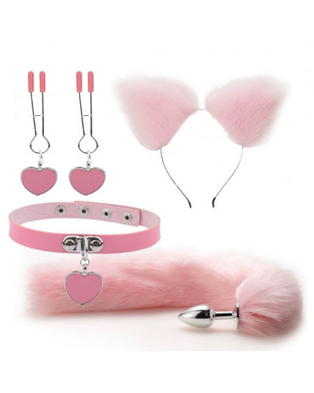 Kit Plug Anal Zorro Rosa Diadema Gargantilla y Pinzas para pezones BDSM
