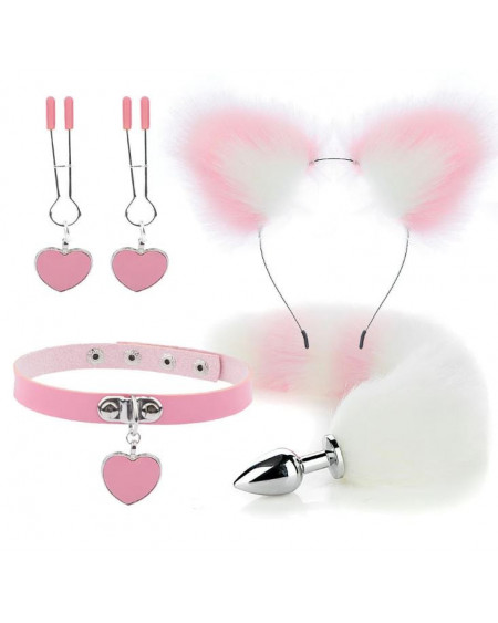 Kit Plug Anal Zorro R/B Diadema Gargantilla y Pinzas para pezones BDSM