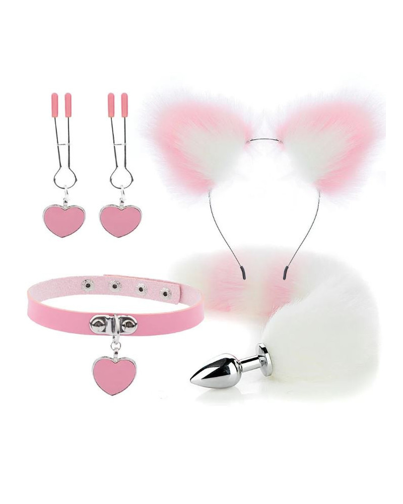 Kit Plug Anal Zorro R/B Diadema Gargantilla y Pinzas para pezones BDSM