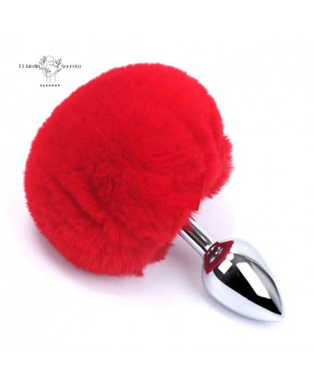 Plug Anal 7cm con Colita de Conejo Rojo Plug metálico BDSM