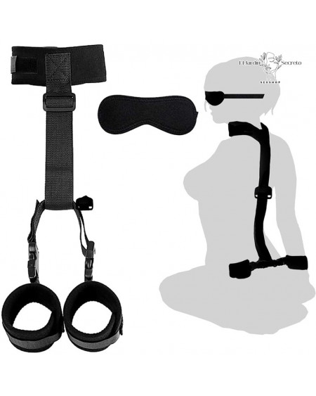 Sujetador Kit BDSM de Cuello a Muñeca Ajustable con Esposas y Antifaz