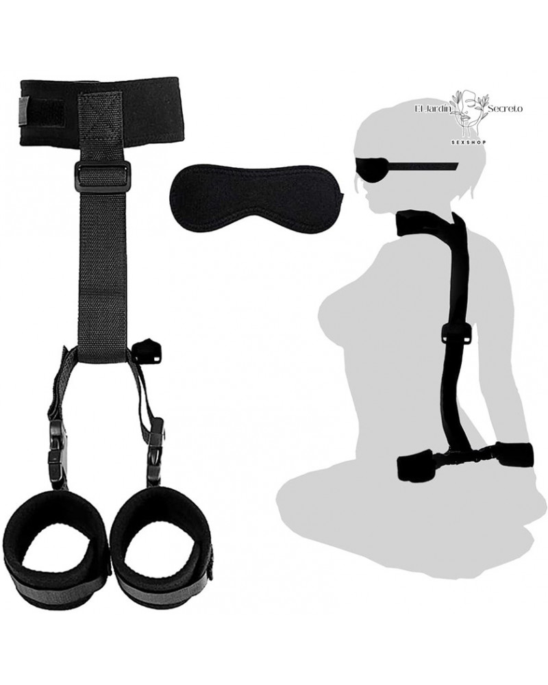 Sujetador Kit BDSM de Cuello a Muñeca Ajustable con Esposas y Antifaz