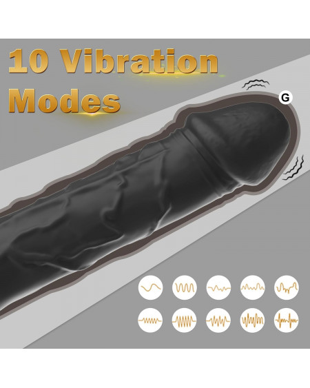 Vibrador Realista Negro Punto G de Silicona, 10 Modos de Vibración