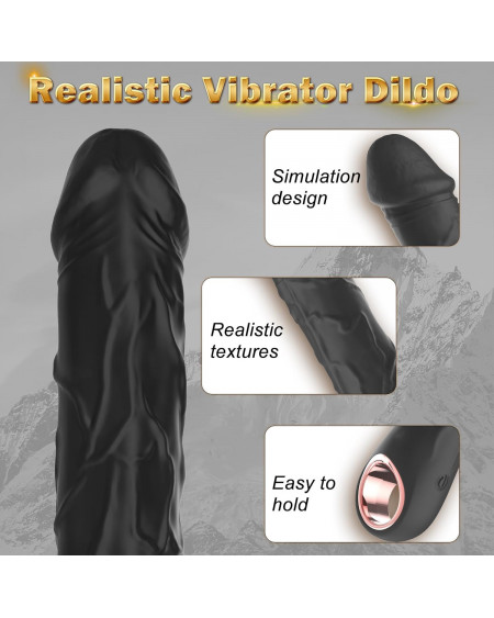 Vibrador Realista Negro Punto G de Silicona, 10 Modos de Vibración