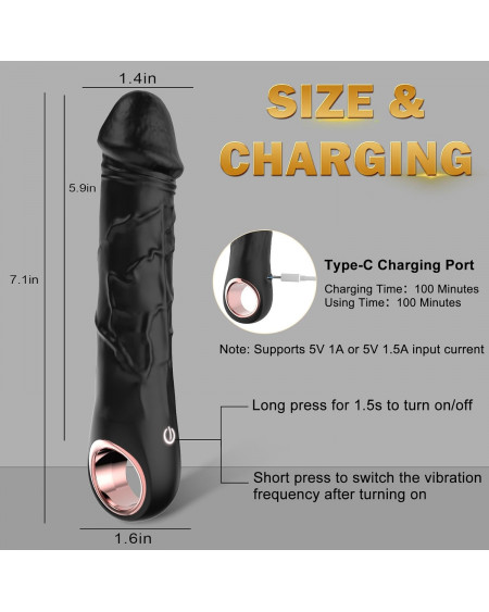 Vibrador Realista Negro Punto G de Silicona, 10 Modos de Vibración